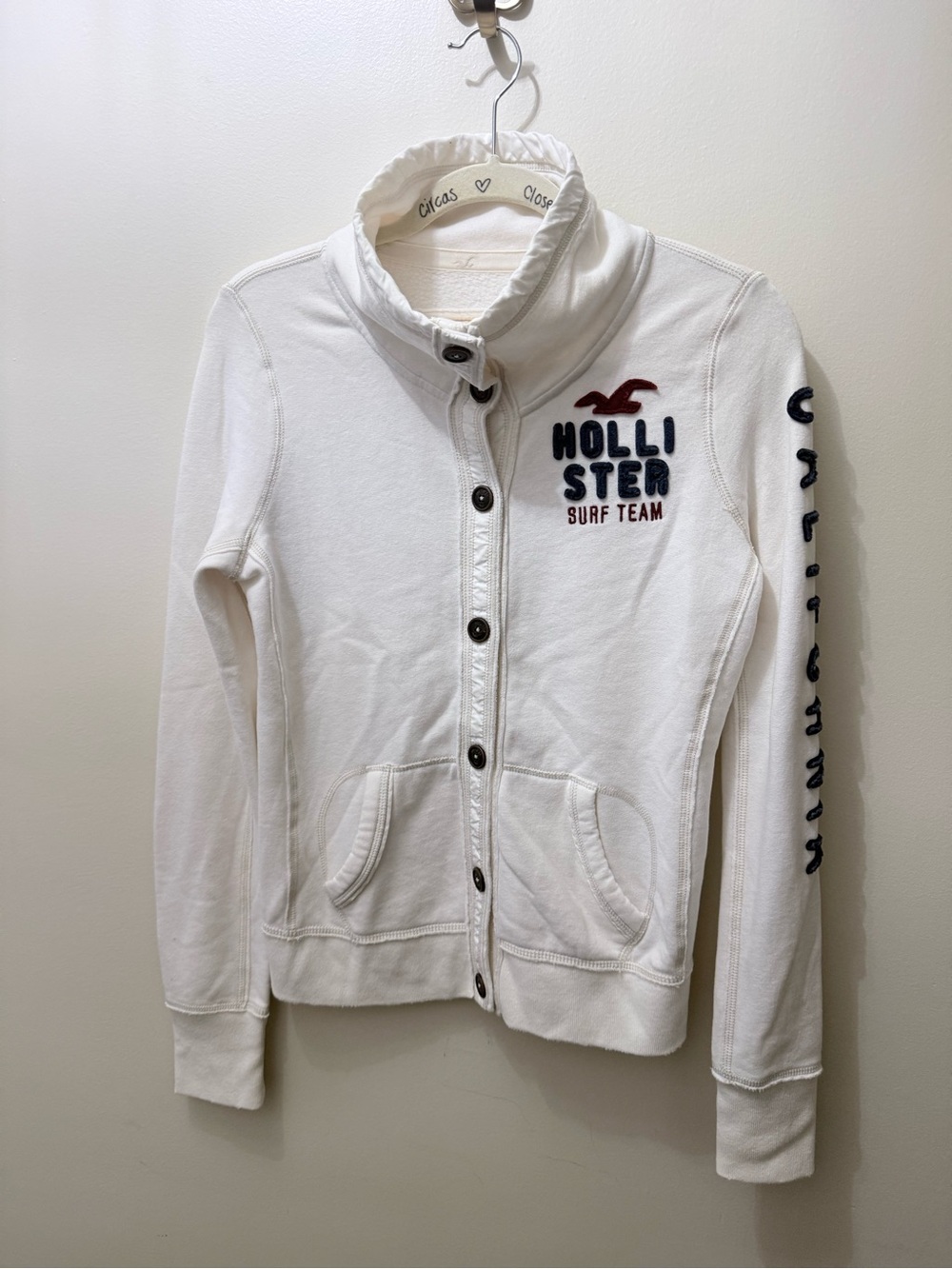 Vintage Y2K Hollister Button Up Sweatshirt Jacket Cream Surf California L Prep